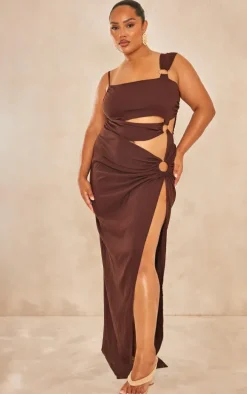 Plus Chocolate Brown Cut Out One Shoulder Ring Detail Maxi Dress