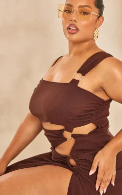 Plus Chocolate Brown Cut Out One Shoulder Ring Detail Maxi Dress