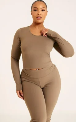 Plus Chocolate Brown Snatched Sculpt Long Sleeve Crop Top