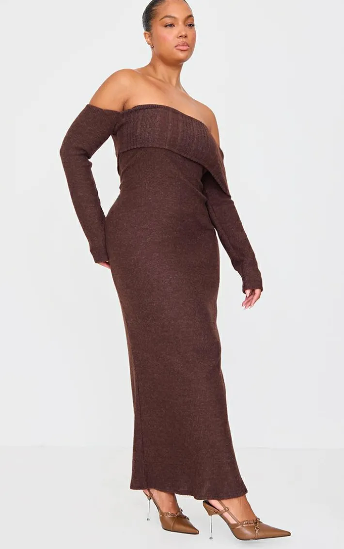 Plus Chocolate Brushed Rib Bardot Maxi Dress