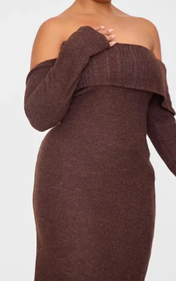 Plus Chocolate Brushed Rib Bardot Maxi Dress