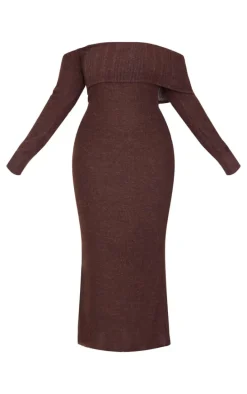Plus Chocolate Brushed Rib Bardot Maxi Dress