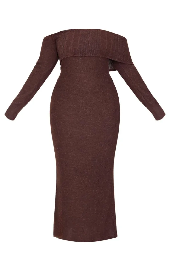 Plus Chocolate Brushed Rib Bardot Maxi Dress