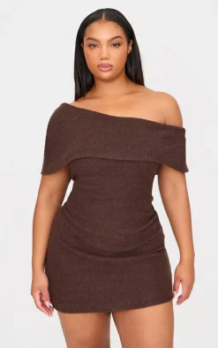 Plus Chocolate Brushed Rib Asymmetric Bodycon Dress