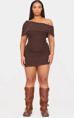 Plus Chocolate Brushed Rib Asymmetric Bodycon Dress