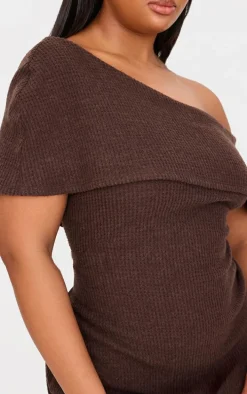 Plus Chocolate Brushed Rib Asymmetric Bodycon Dress