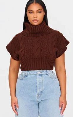 Plus Chocolate Cable Knit Cap Sleeve Roll Neck Cropped Vest
