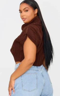 Plus Chocolate Cable Knit Cap Sleeve Roll Neck Cropped Vest