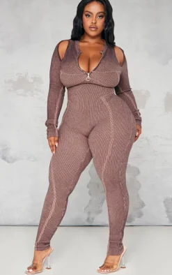 Plus Chocolate Cold Shoulder Seam Detail Jumpsuit