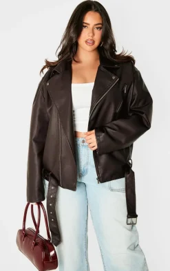 Plus Chocolate Distressed Look Faux Leather Longline Biker Jacket