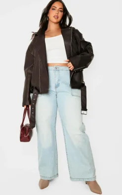 Plus Chocolate Distressed Look Faux Leather Longline Biker Jacket