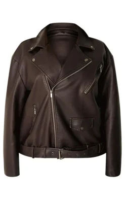 Plus Chocolate Distressed Look Faux Leather Longline Biker Jacket