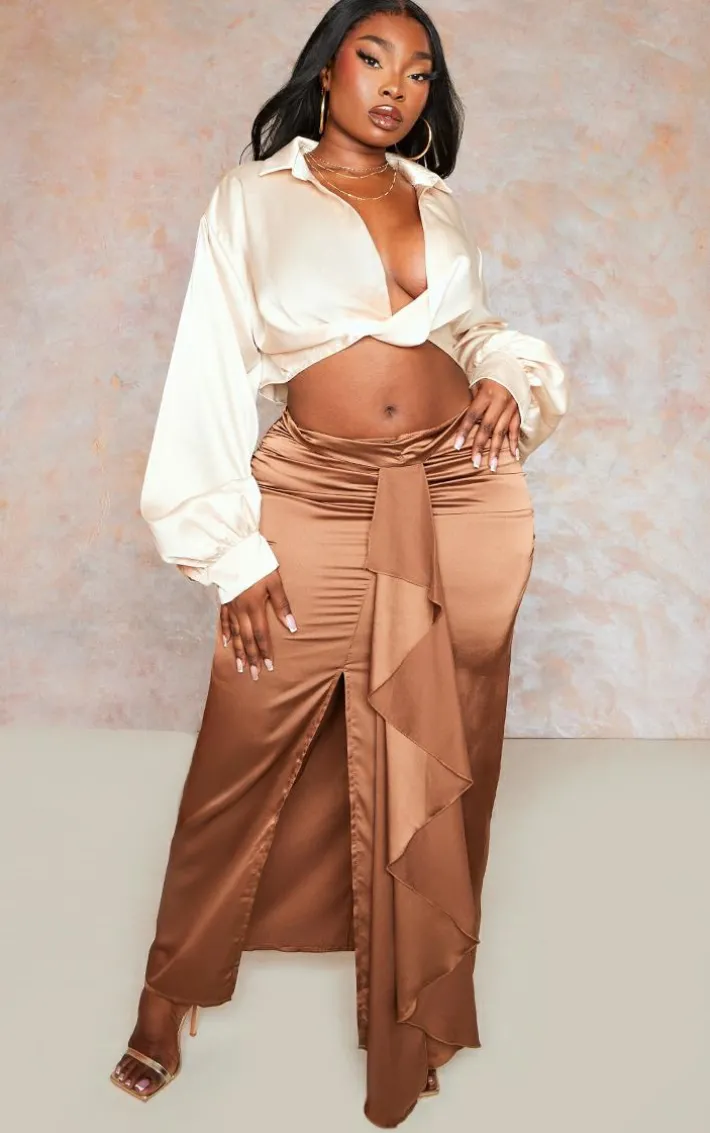 Plus Chocolate Drape Front Maxi Skirt
