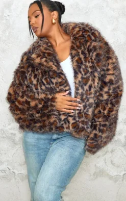 Plus Chocolate Faux Fur Leopard Print Cropped Coat