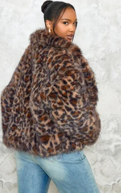 Plus Chocolate Faux Fur Leopard Print Cropped Coat