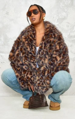 Plus Chocolate Faux Fur Leopard Print Cropped Coat