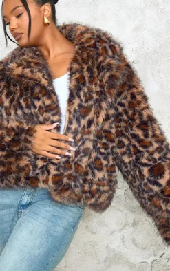Plus Chocolate Faux Fur Leopard Print Cropped Coat