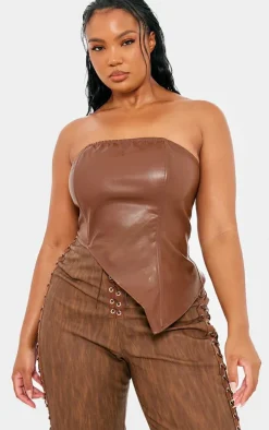 Plus Chocolate Faux Leather Asymmetric Bandeau Top