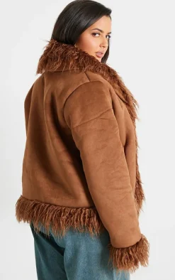 Plus Chocolate Faux Suede Faux Mongolian Fur Trim Jacket