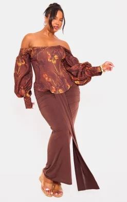 Plus Chocolate Floral Balloon Sleeve Corset Top