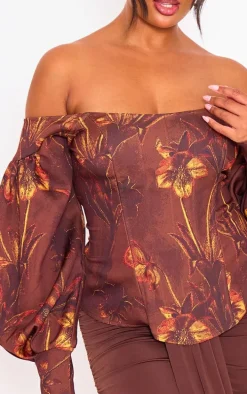 Plus Chocolate Floral Balloon Sleeve Corset Top