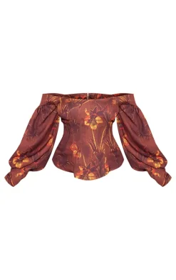 Plus Chocolate Floral Balloon Sleeve Corset Top