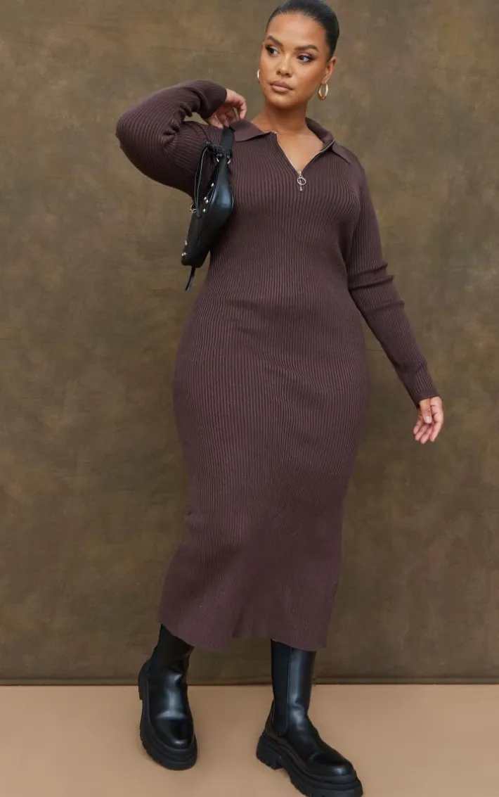 Plus Chocolate Half Zip Collared Detail Midaxi Dress
