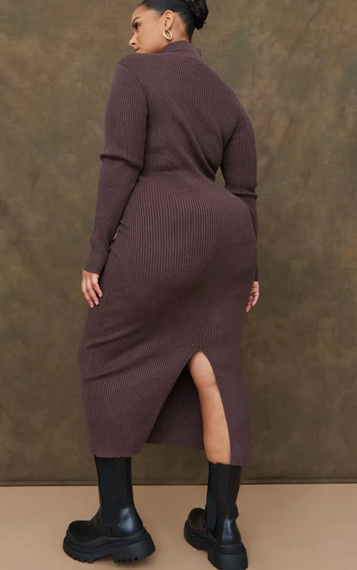 Plus Chocolate Half Zip Collared Detail Midaxi Dress