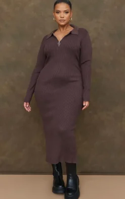 Plus Chocolate Half Zip Collared Detail Midaxi Dress