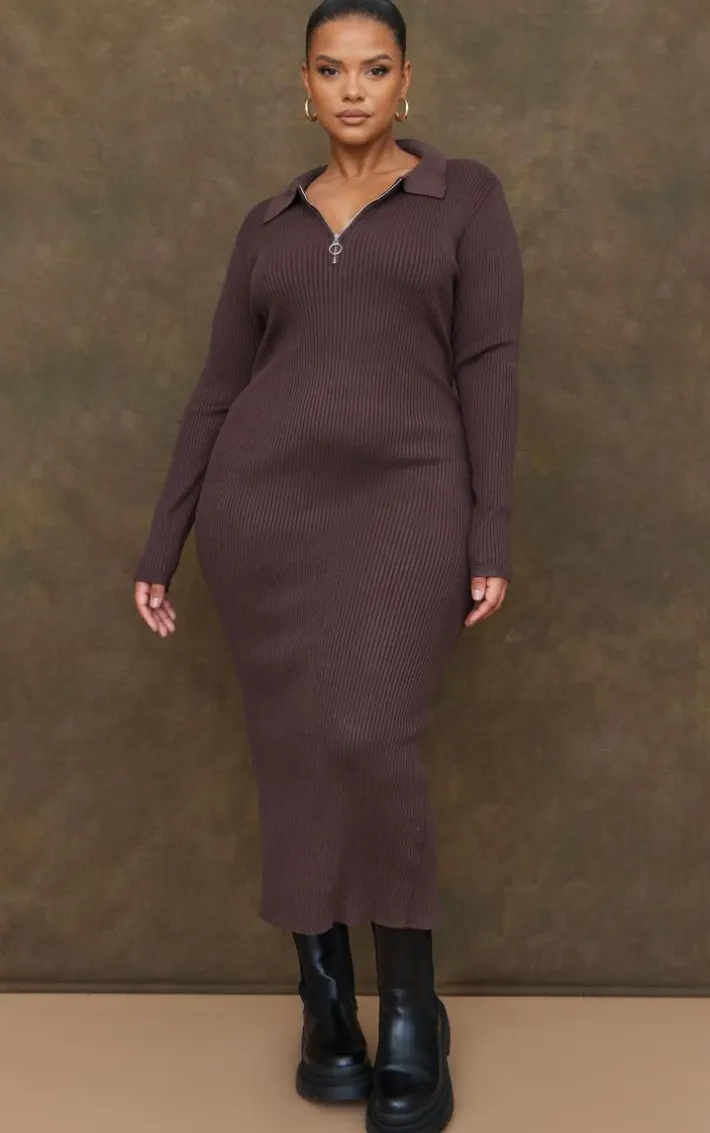 Plus Chocolate Half Zip Collared Detail Midaxi Dress