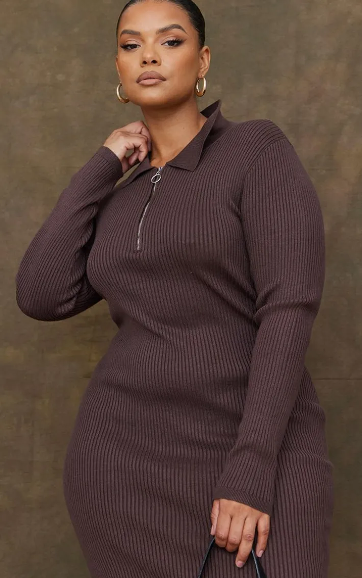 Plus Chocolate Half Zip Collared Detail Midaxi Dress