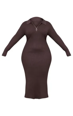 Plus Chocolate Half Zip Collared Detail Midaxi Dress