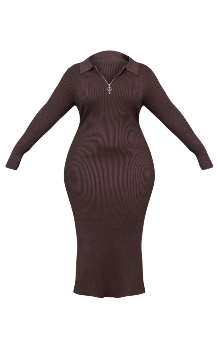 Plus Chocolate Half Zip Collared Detail Midaxi Dress