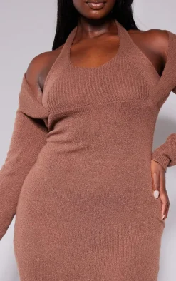 Plus Chocolate Halter Neck Knitted Midi Dress