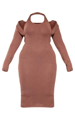 Plus Chocolate Halter Neck Knitted Midi Dress
