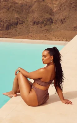 Plus Chocolate Halterneck Silver Trim Bikini Top