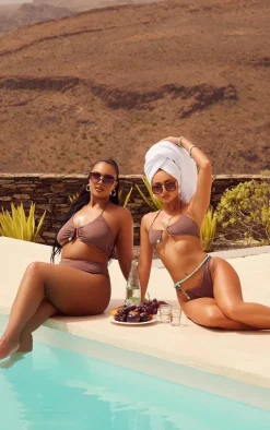 Plus Chocolate Halterneck Silver Trim Bikini Top