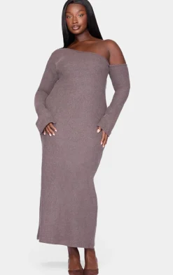 Plus Chocolate Heavy Brushed Asymmetric Ruched Maxi Dress