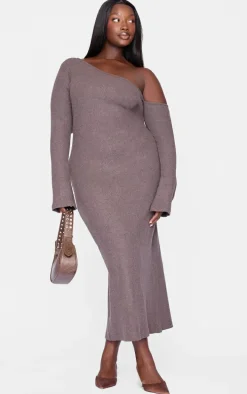 Plus Chocolate Heavy Brushed Asymmetric Ruched Maxi Dress