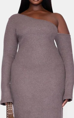 Plus Chocolate Heavy Brushed Asymmetric Ruched Maxi Dress