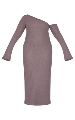 Plus Chocolate Heavy Brushed Asymmetric Ruched Maxi Dress