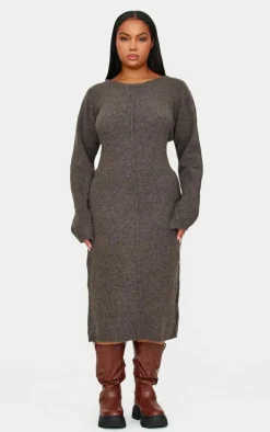 Plus Chocolate Knitted Seam Front Midaxi Dress