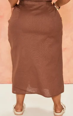 Plus Chocolate Linen Look Side Split Midi Skirt