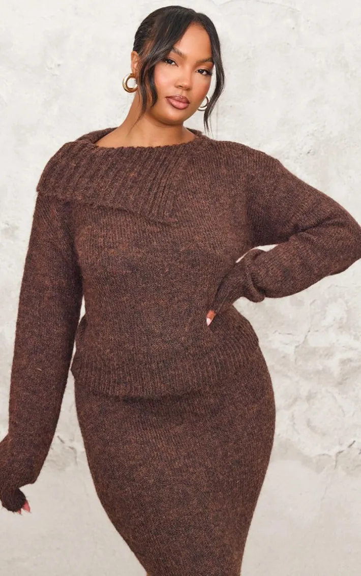 Plus Chocolate Marl Knit Asymmetric Overlay Sweater