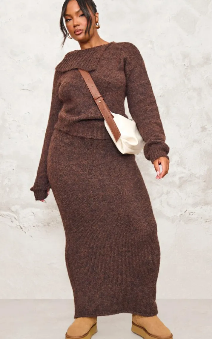 Plus Chocolate Marl Knit Asymmetric Overlay Sweater