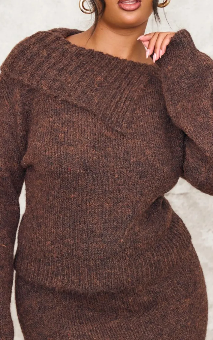 Plus Chocolate Marl Knit Asymmetric Overlay Sweater