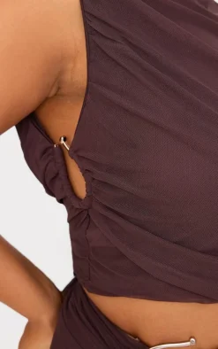 Plus Chocolate Mesh Ruched Trim Detail Crop Top