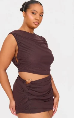 Plus Chocolate Mesh Trim Detail Ruched Mini Skirt