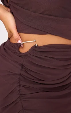 Plus Chocolate Mesh Trim Detail Ruched Mini Skirt