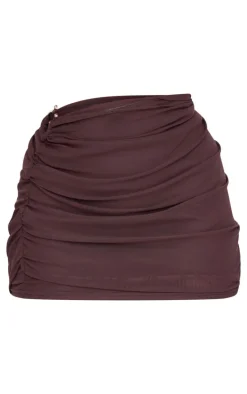 Plus Chocolate Mesh Trim Detail Ruched Mini Skirt